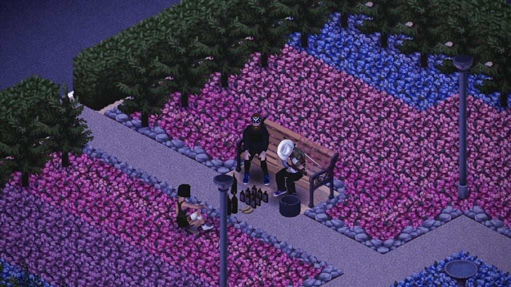 Three characters sit, two on a bench, one on the floor, beside a gravel path through a bed of pink and blue flowers.