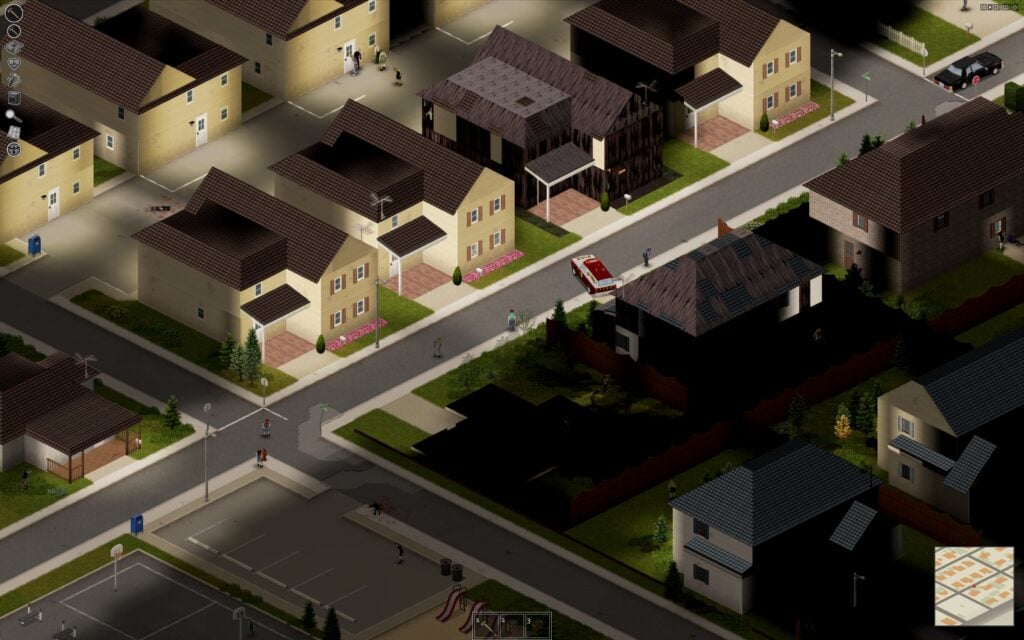 Zomboid Pat_Bren stands in a suburb of yellow, two storey houses. A couple of them are burned down, with a fire truck in front of one.