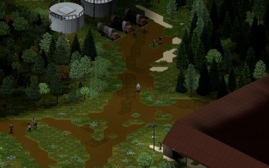 Pat_Bren stands on a dirty path in a forested area, near a pair of grain silos and a barn