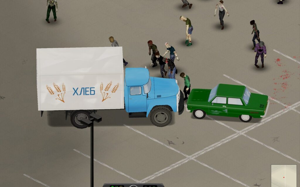 An old Soviet truck in front of an old green Soviet car, in a car park, with zombies nearby