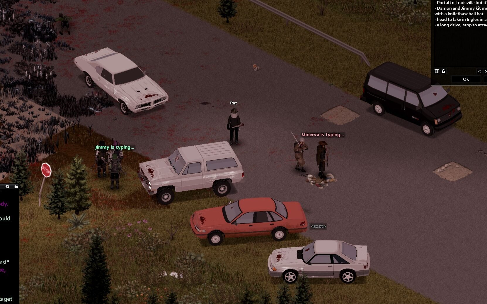 Five scattered vehicles stopped, their occupants standing around, typing.