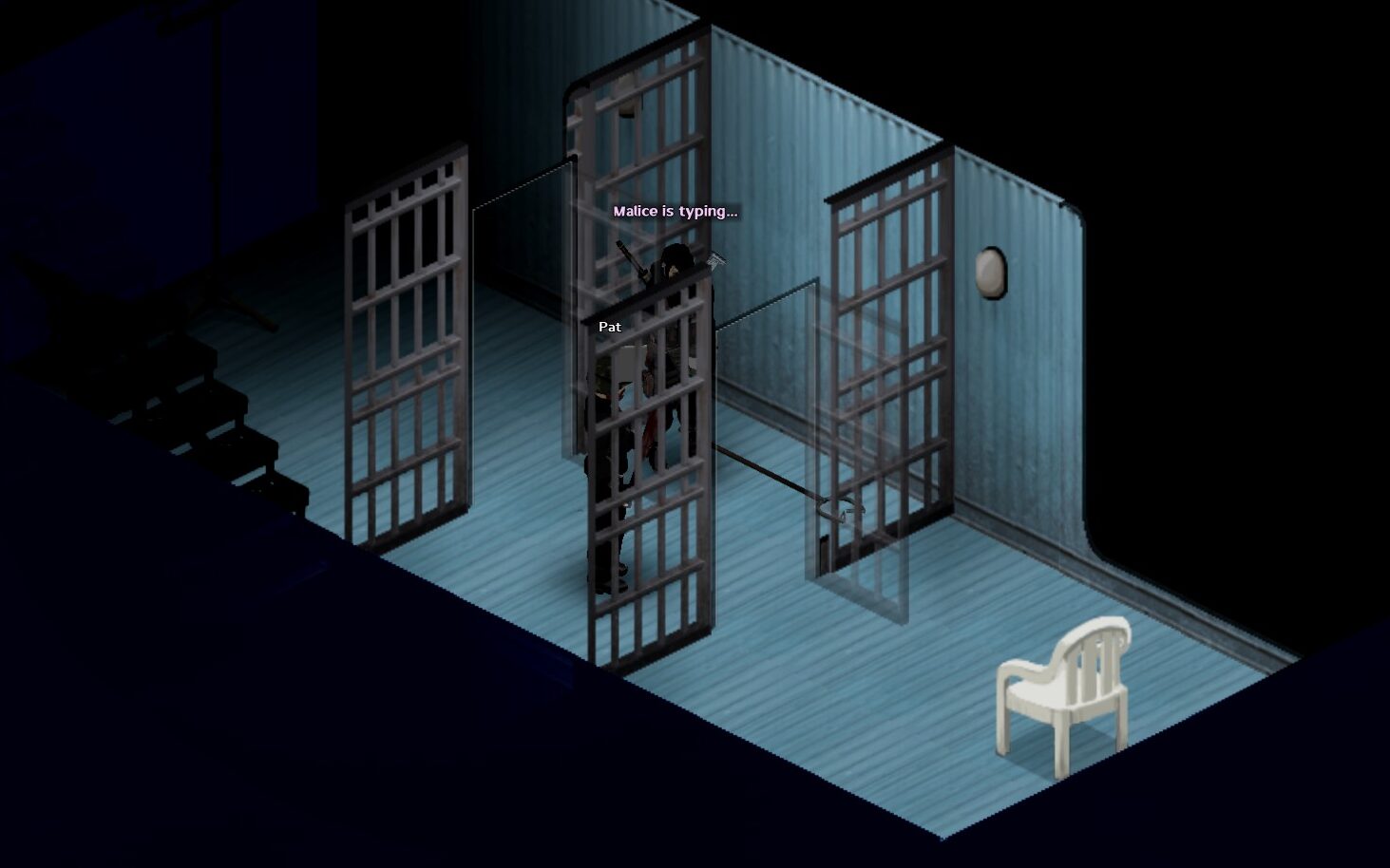 A small prison cell with a white plastic chair.