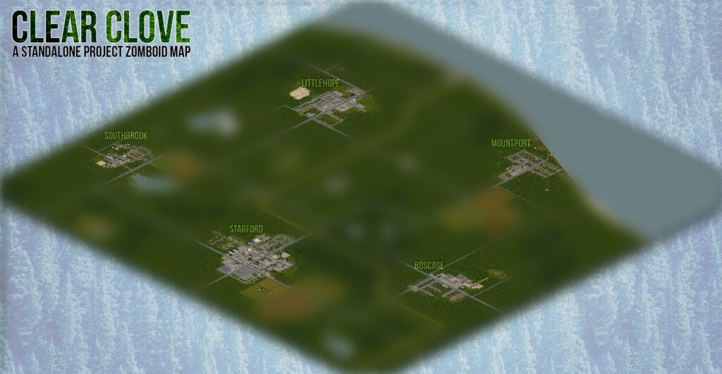 Map of Clear Cove, with the five towns marked. The area between the towns is blurred out.