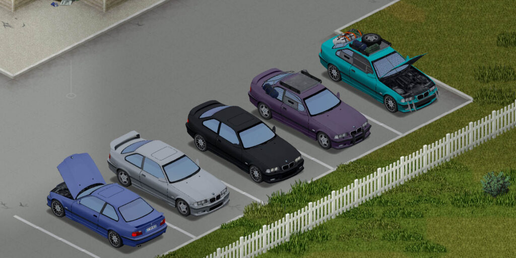 Five of the same car model in different colours, modified differently with spoilers, armour etc.