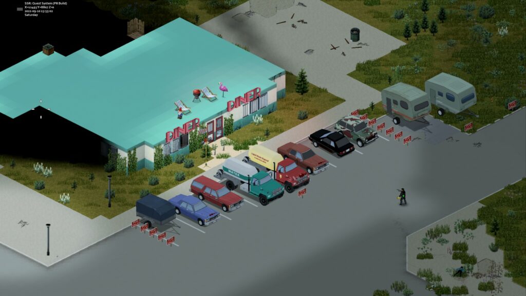 Vehicles parked outside a diner