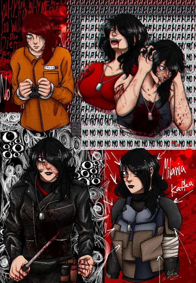 Five renderings of an intense looking female character, variously laughing and staring intensely.