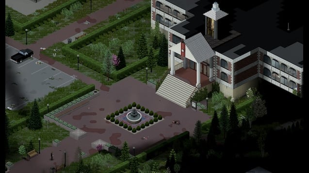Pat_Bren stands in front of a large white church-like building with a fountain in front