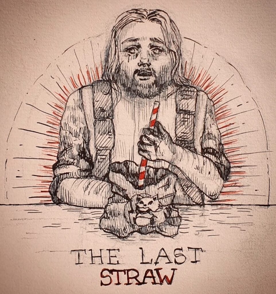 A black and white drawing of a tearful, bearded person with long hair holding a straw in a bag with a drawing of Spiffo on it. Text underneath reads "The Last Straw".
