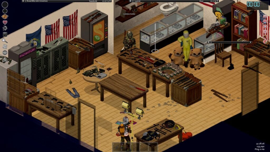 A base filled with tables and crates topped with tools, weapons and ammo.