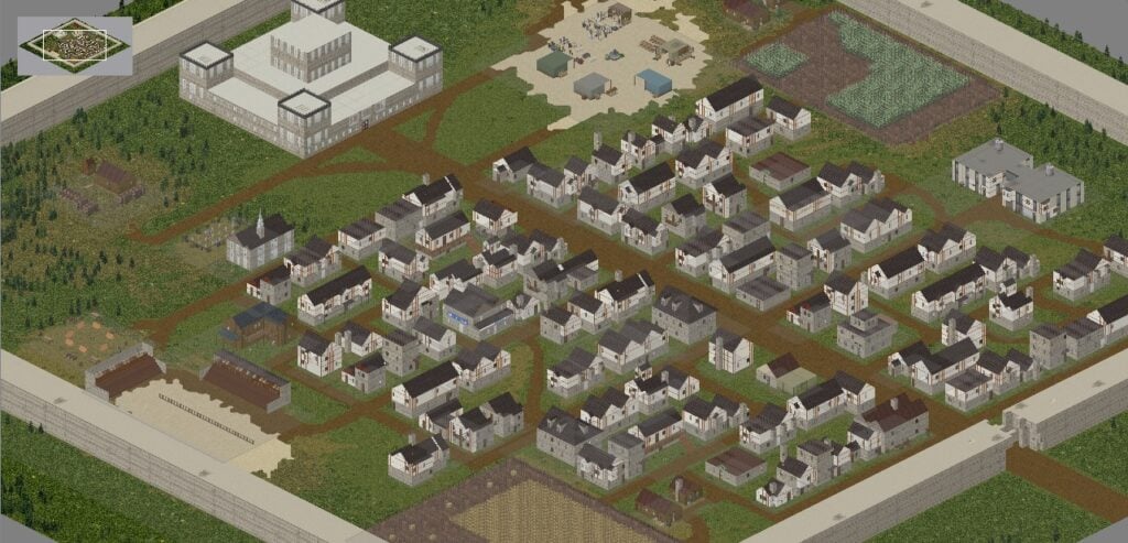 An overview of the Medieval Zomboid map showing dozens of Tudor-style houses and a castle.