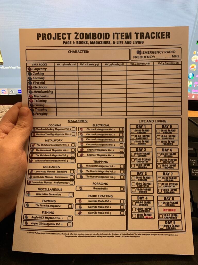 A real life printed out page for tracking read books and magazines in Zomboid.