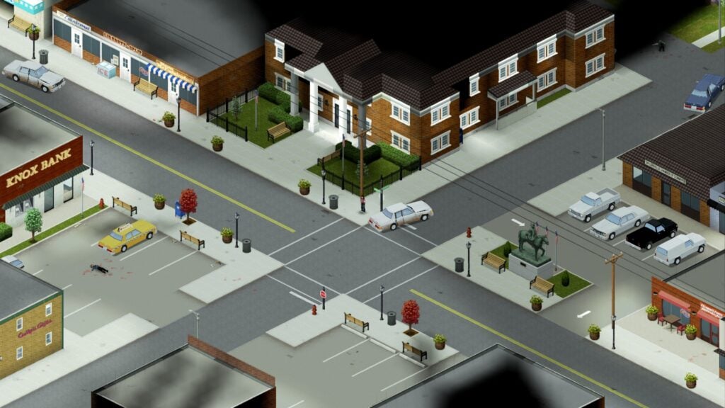 Downtown Taylorsville with a crossroads, showing a courthouse, Knox bank, and various small car parks.