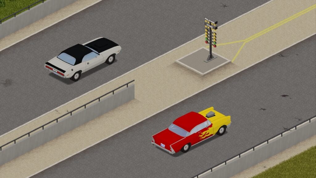 Two muscle cars on a drag racing track
