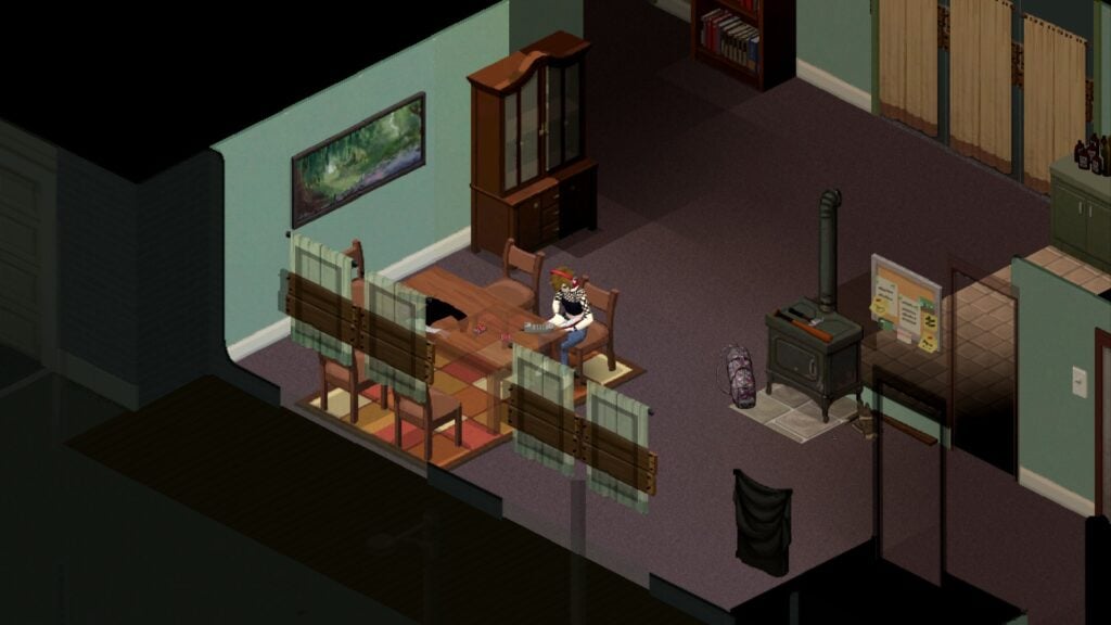 A character sits indoors near boarded windows reading a book.