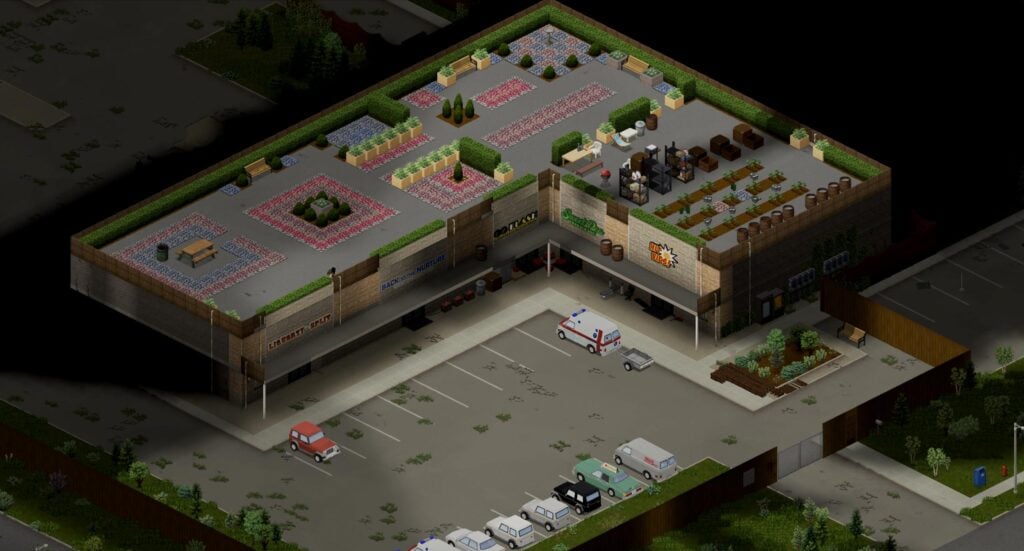 A rooftop garden on an L-shaped building. A car park filled with vehicles lies below.