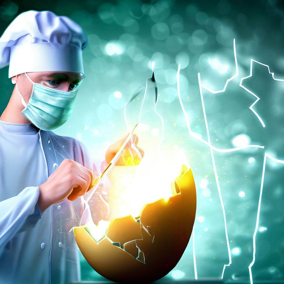 A picture of a surgeon poking a big broken egg