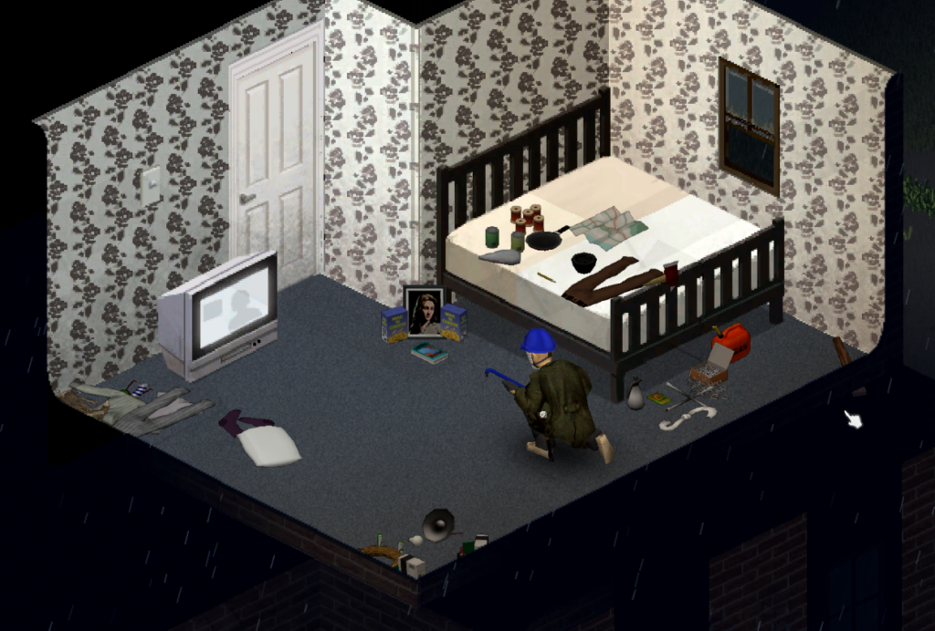 A character crouches looking at a picture of Kate in a wallpapered bedroom.