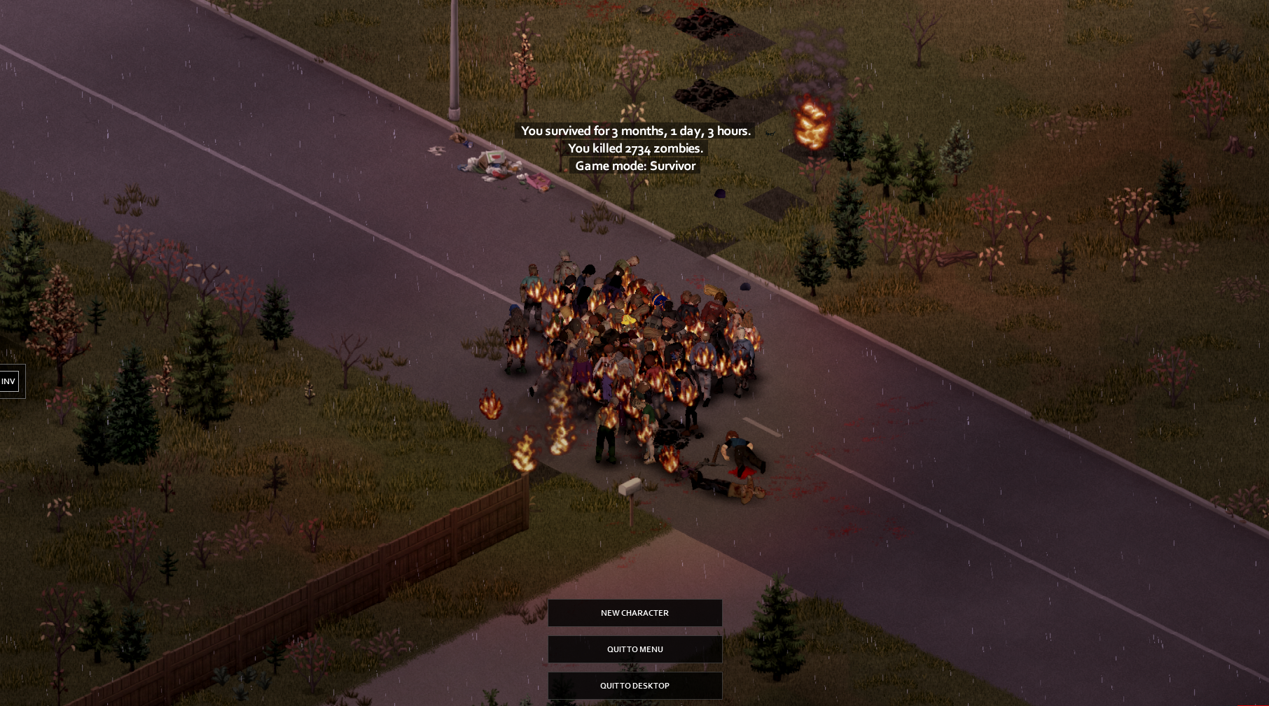 A character has died surrounded by flames and zombies.