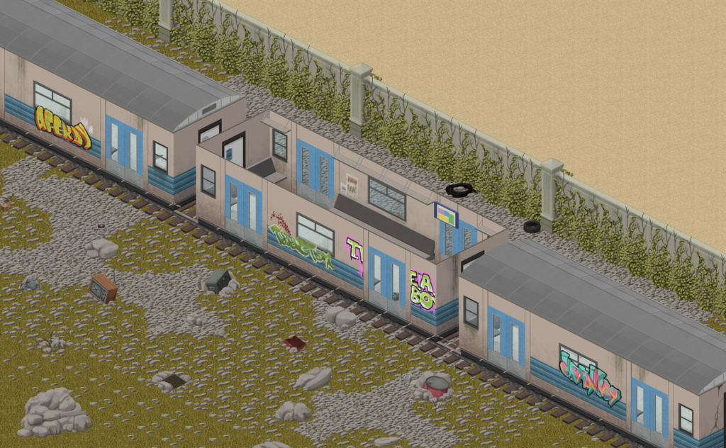 Post apocalyptic, graffiti covered train carriages.
