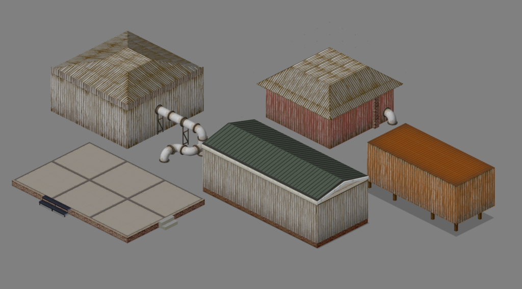 A variety of rusted sheds.