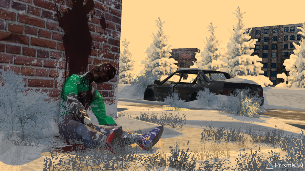 A 3D snowy scene showing a corpse lying against a wall, and a burned out car.