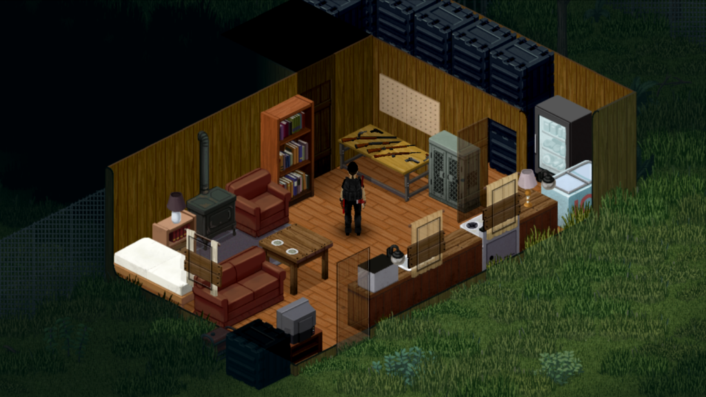 A wooden cabin filled with furniture, guns, and storage