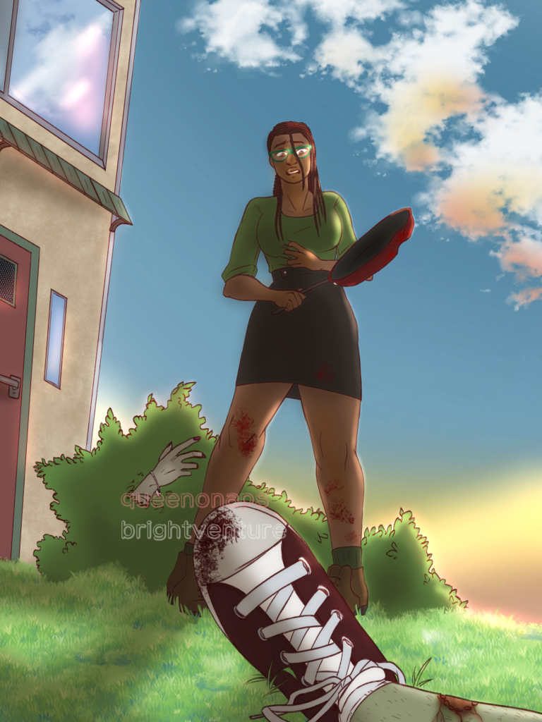 A drawing of a female character with a frying pan standing above the foot of a corpse. A hand reaches towards her from a bush behind. Clouds in the blue sky above glow luminescently.