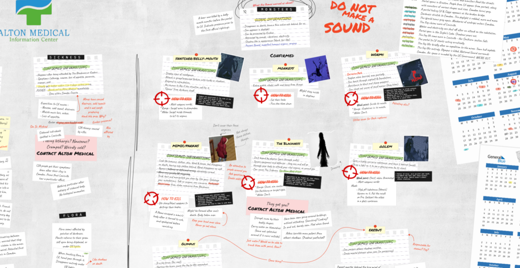 A bulletin board showing notes on various monster sightings.