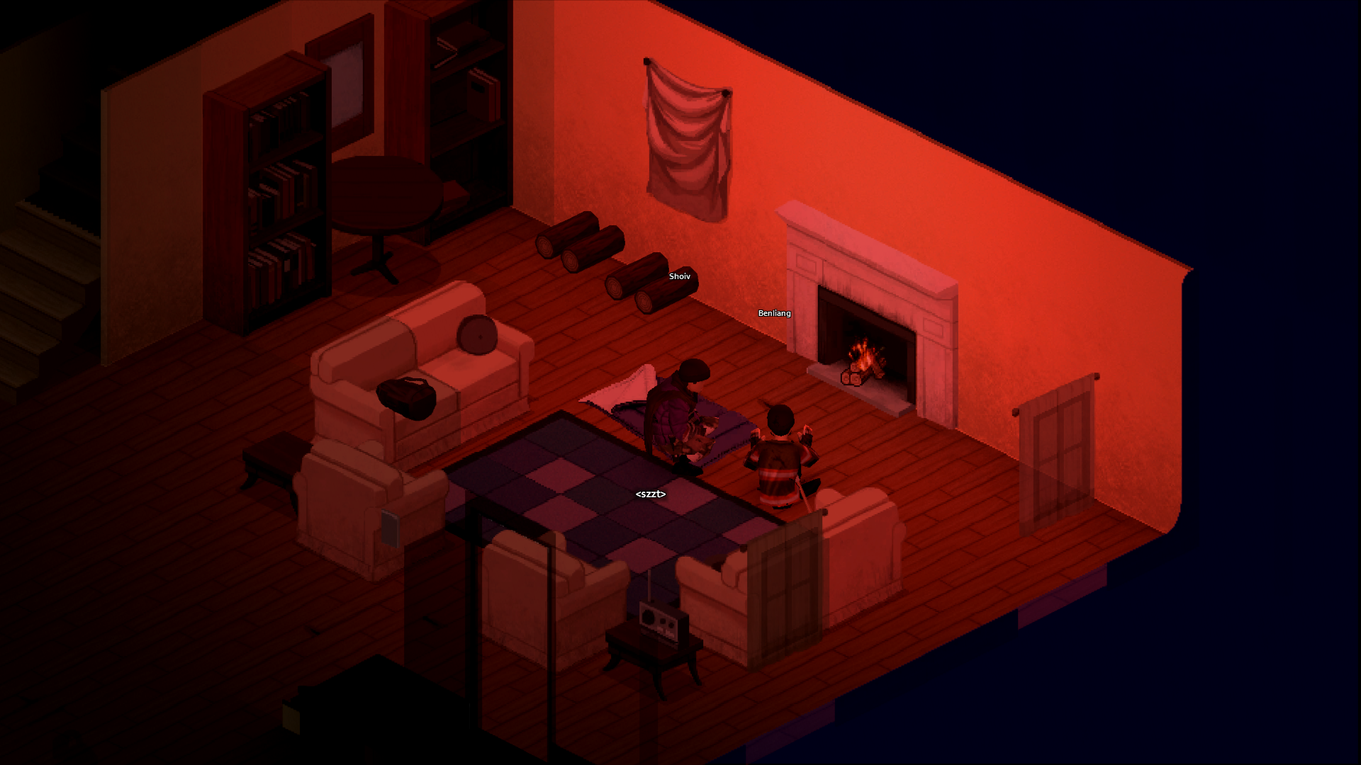 A pair of characters sitting in front of a fireplace in a sitting room, the scene lit by the orange glow of the flames.