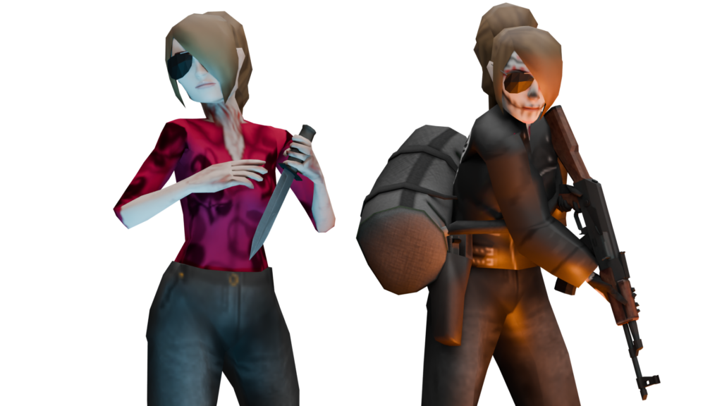 Two renderings of the same female character, one holding a knife, the other in skull face paint and wielding an AK-47.