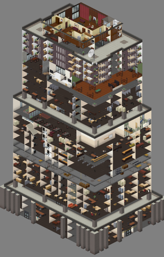 A skyscraper with the walls cut away