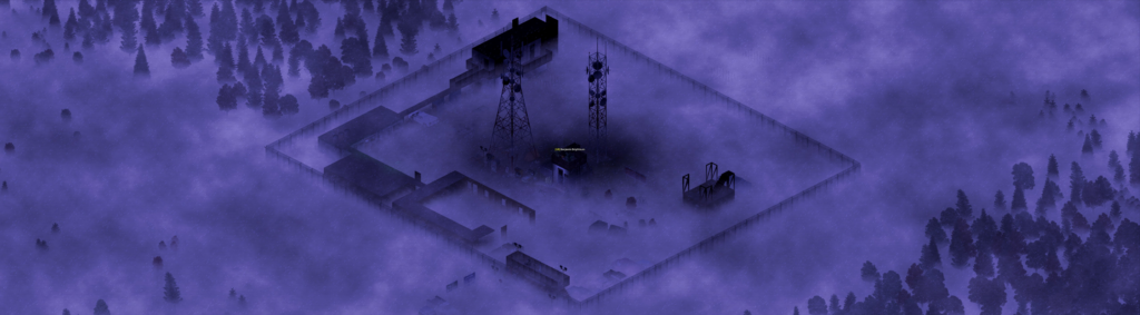An ultrawide screenshot of a base on a foggy day. Two transmitters tower above the gloom.