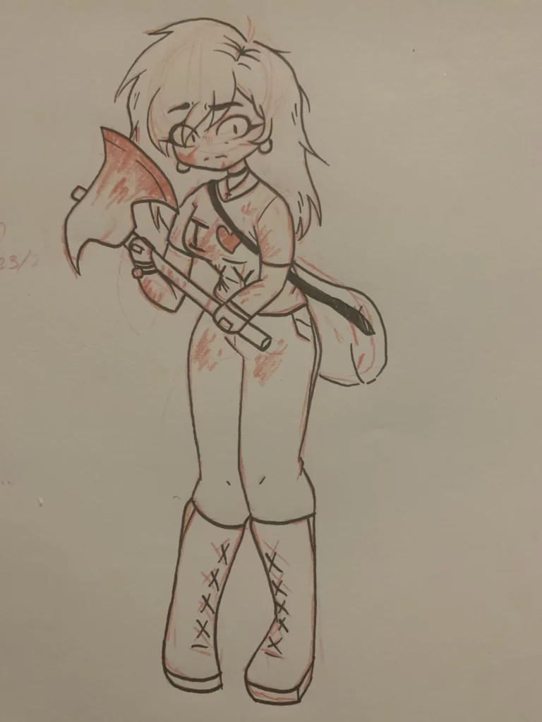 A cute cartoon drawing of a female survivor wielding an axe